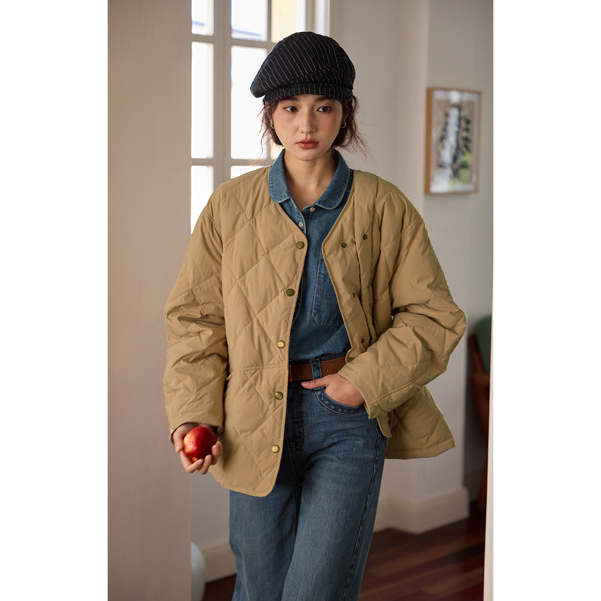 solighter 90白鸭绒菱形格薄款羽绒服女秋冬5I1006Y19X3