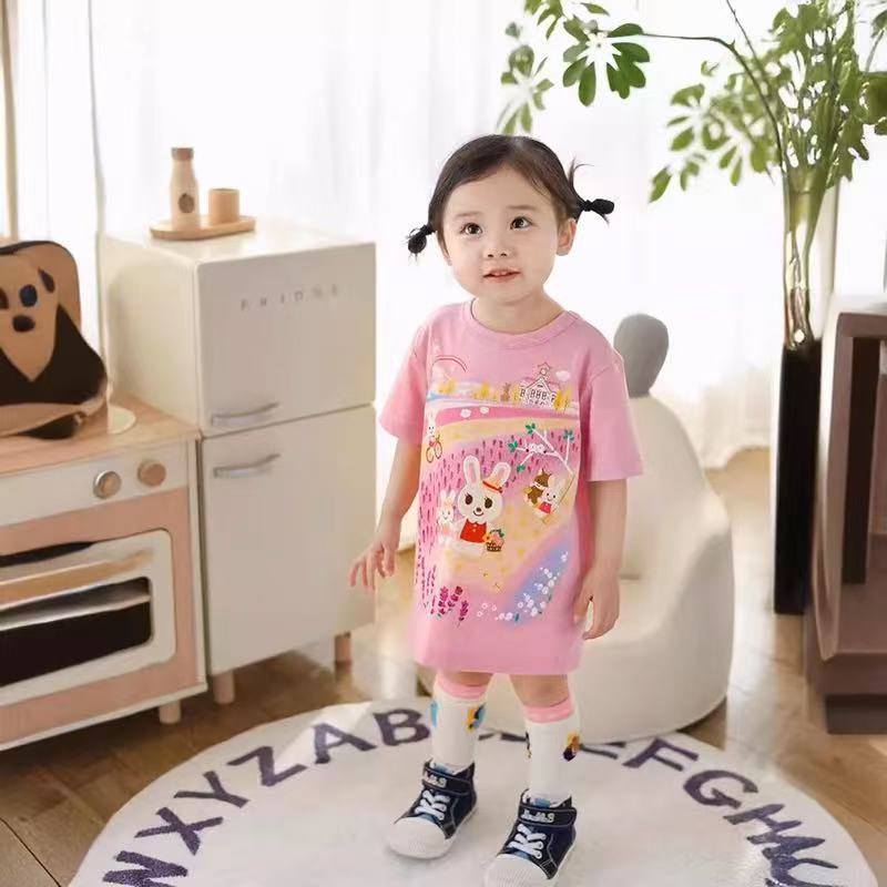 儿童新款卡通刺绣小兔子款北海道短t女童卡通款柔软短袖半袖小童