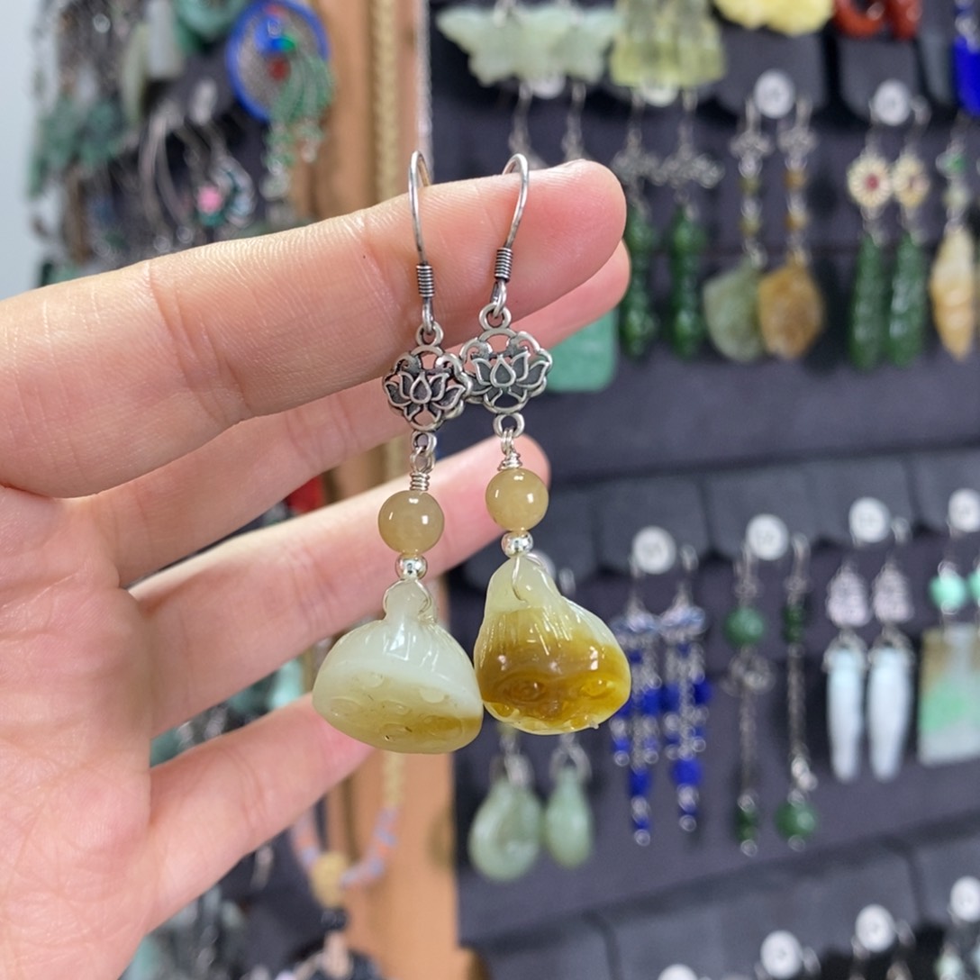 和田玉耳饰银S925镶嵌