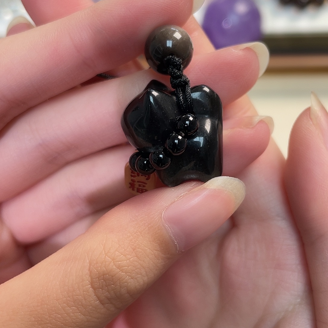 黑曜岩未镶嵌吊坠(不含链)银耀石招财猫包挂yy272 152号