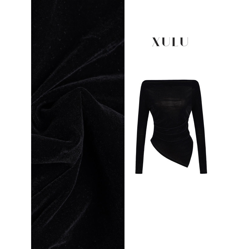 XULU原创通勤黑色百搭丝绒打底衫法式性感一字肩长袖不规则上衣