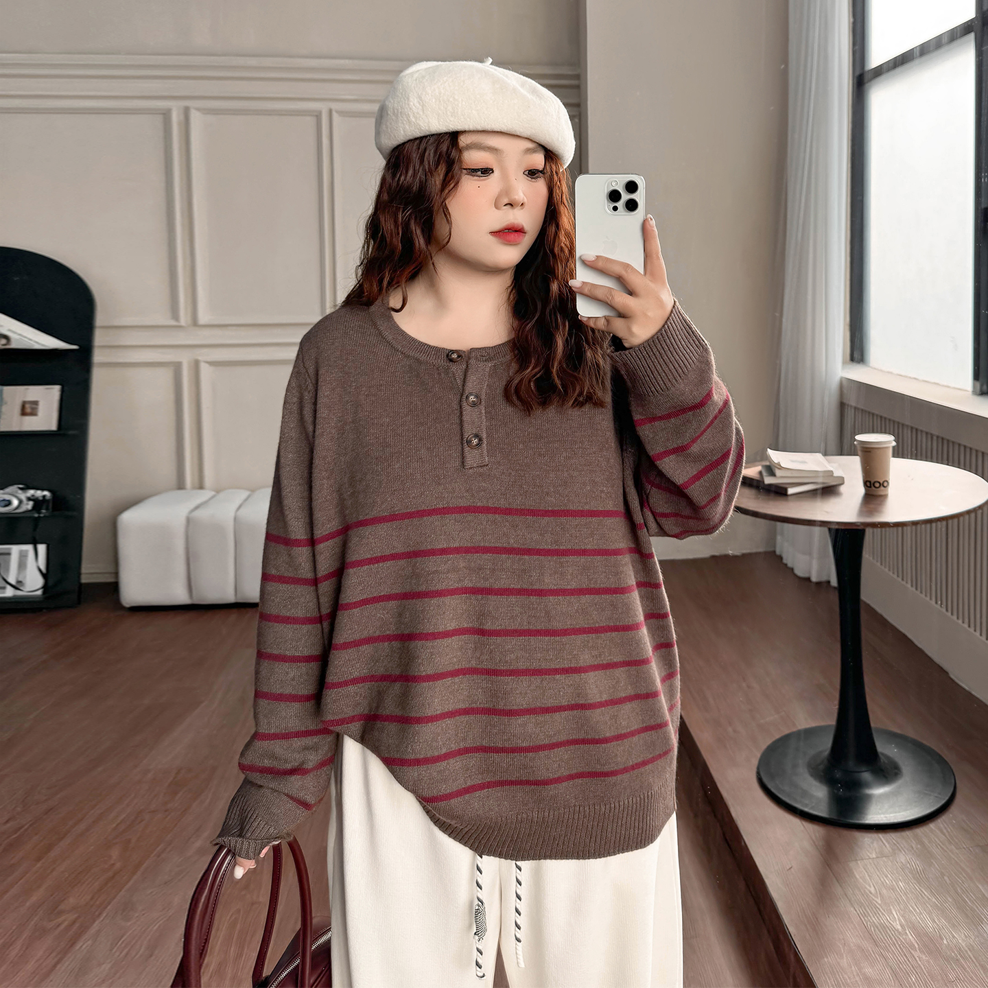 DD8655大码女装【复古软糯毛衣】胖mm圆领条纹宽松长袖针织衫上衣