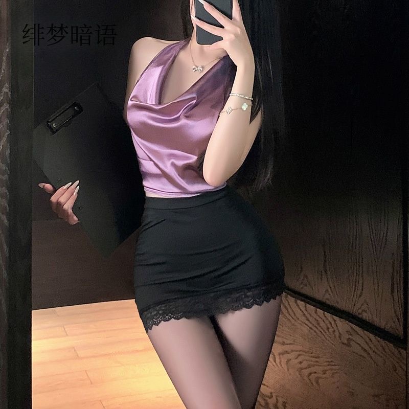 性感气质上衣显瘦时尚套装修身挂脖领包臀裙短裙套装