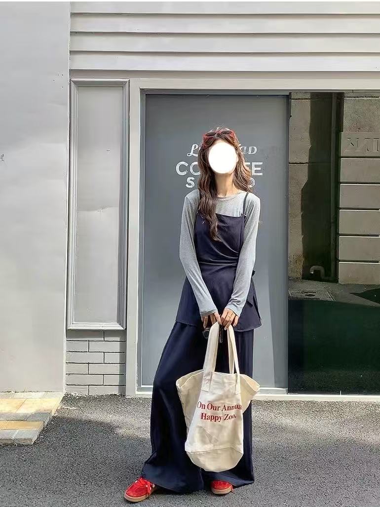 秋季吊带气质时尚套装天丝开叉百搭长袖上衣休闲风背心AM25983