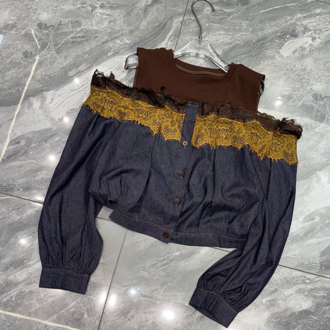 【伊柜精选】南油欧货美式复古重工压褶蕾丝洗水牛仔露肩时髦上衣女