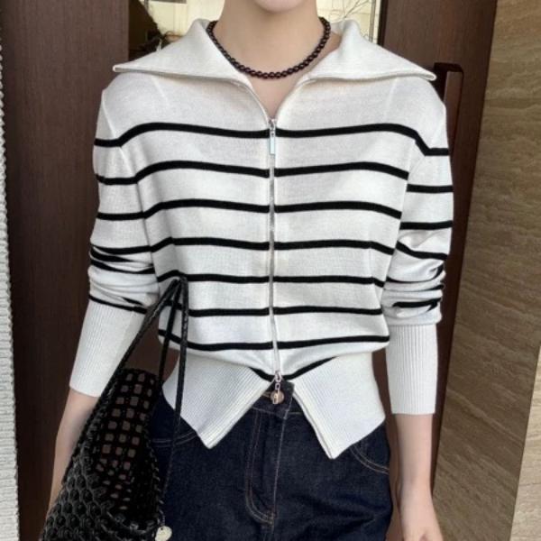 欧货春装条纹大翻领拉链针织衫开衫洋气复古显瘦羊毛上衣女