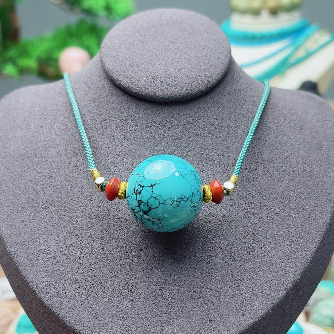 绿松石未镶嵌高瓷蓝网花大圆珠锁骨珠26