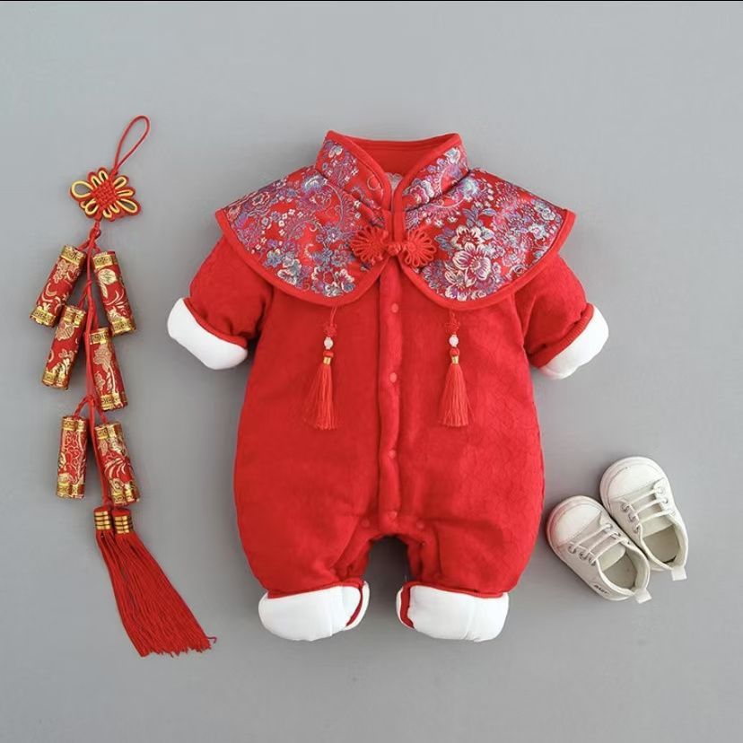 【灿宝家】国色天香拜年服婴儿衣服连体衣加厚百天过年衣服满月宝宝