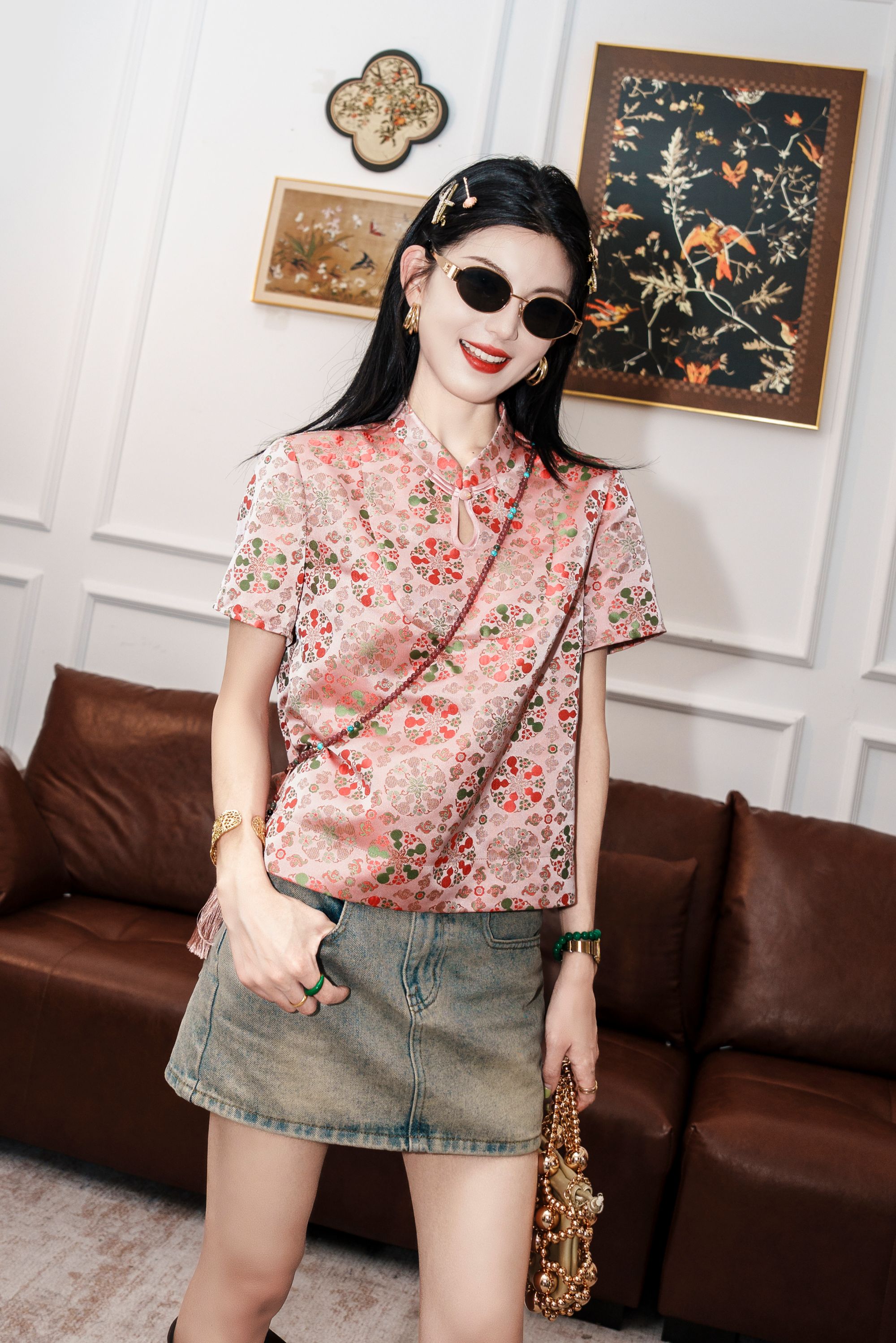 【折梅】新中式国风正肩短袖气质桑蚕丝夏季上衣女LY-G8562