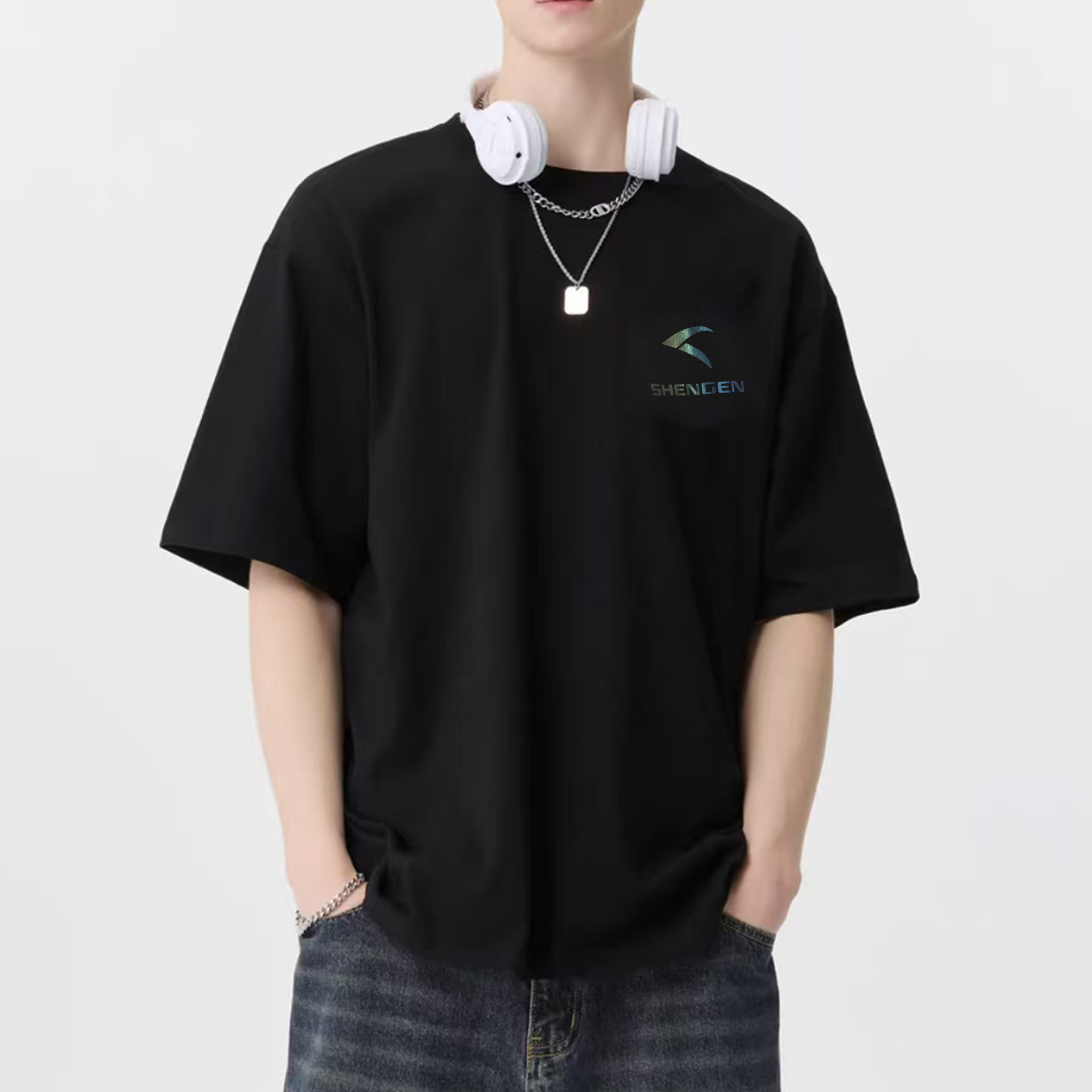 简约休闲圆领短袖男女同款时尚百搭黑色潮流休闲宽松夏季T恤H557