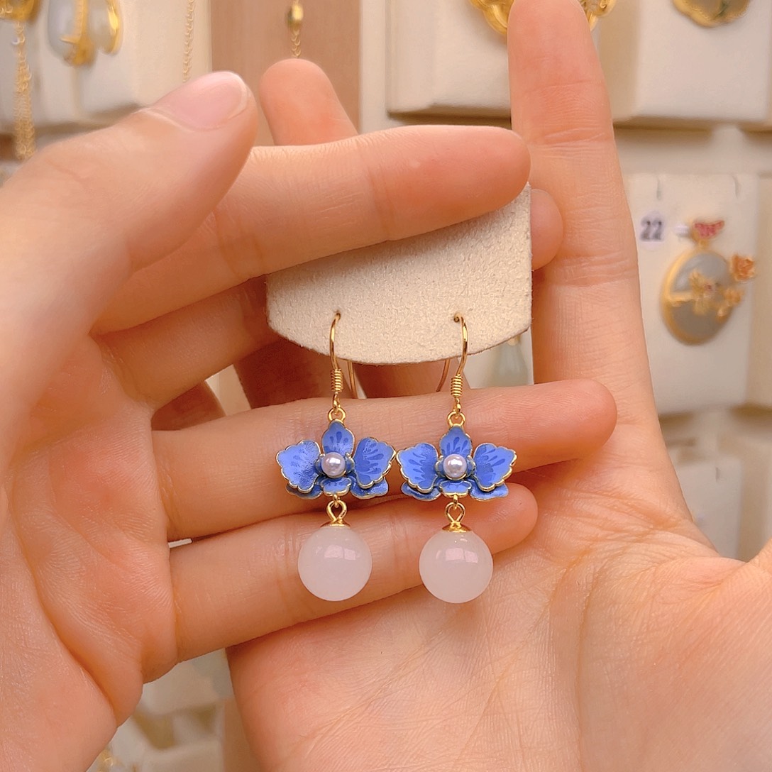 和田玉耳饰银S925镀金镶嵌