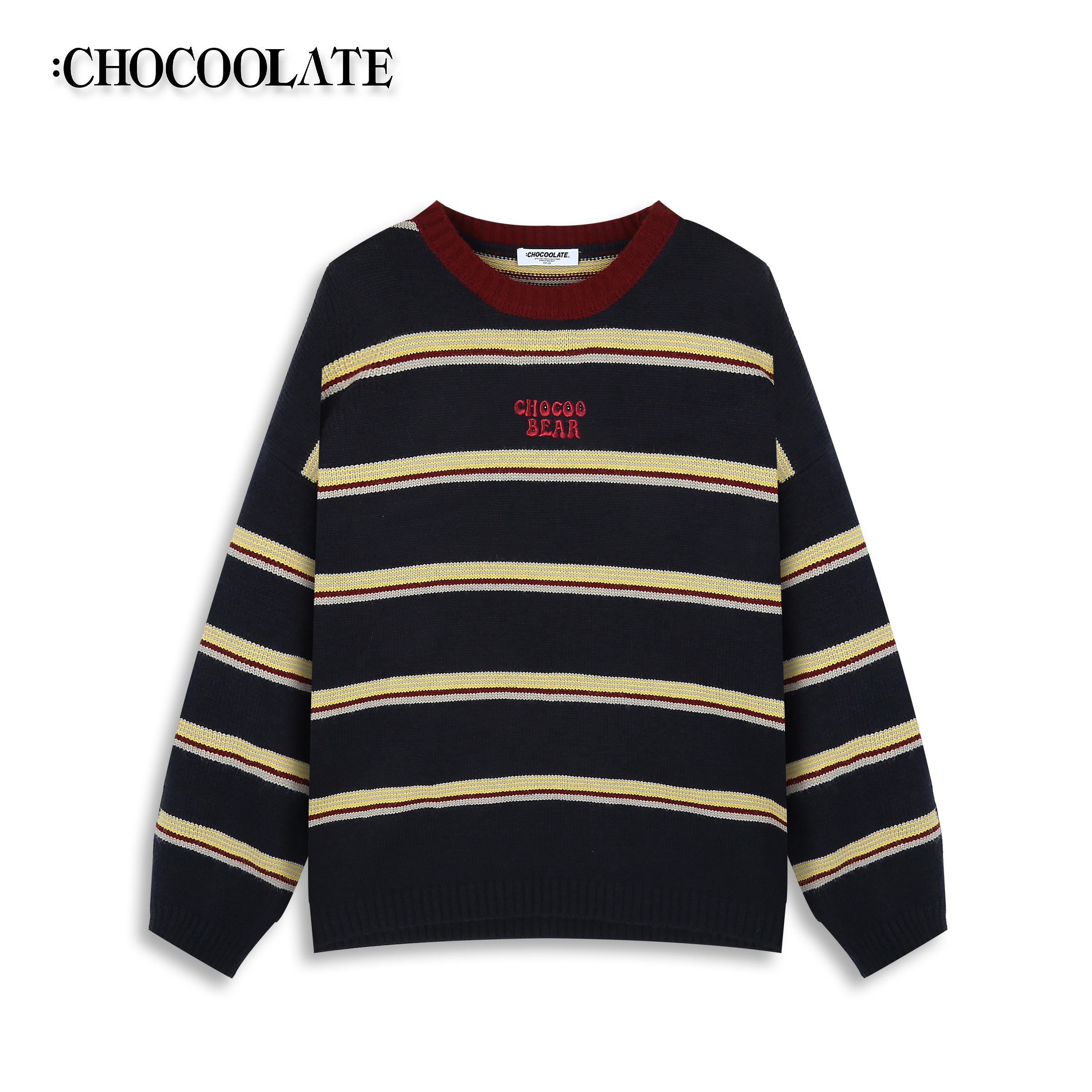 ：CHOCOOLATE撞色横条圆领字母刺绣毛衣6163-1310317