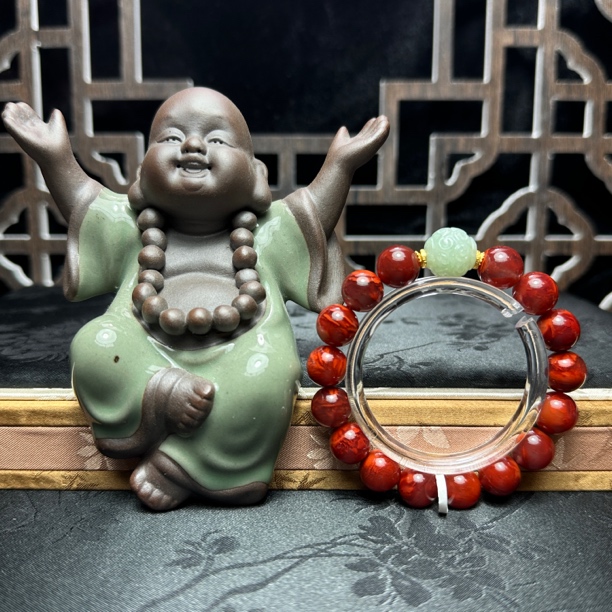 精品川料原矿天然南红牛血红火焰纹圆珠手串18k金镶嵌单圈民族风