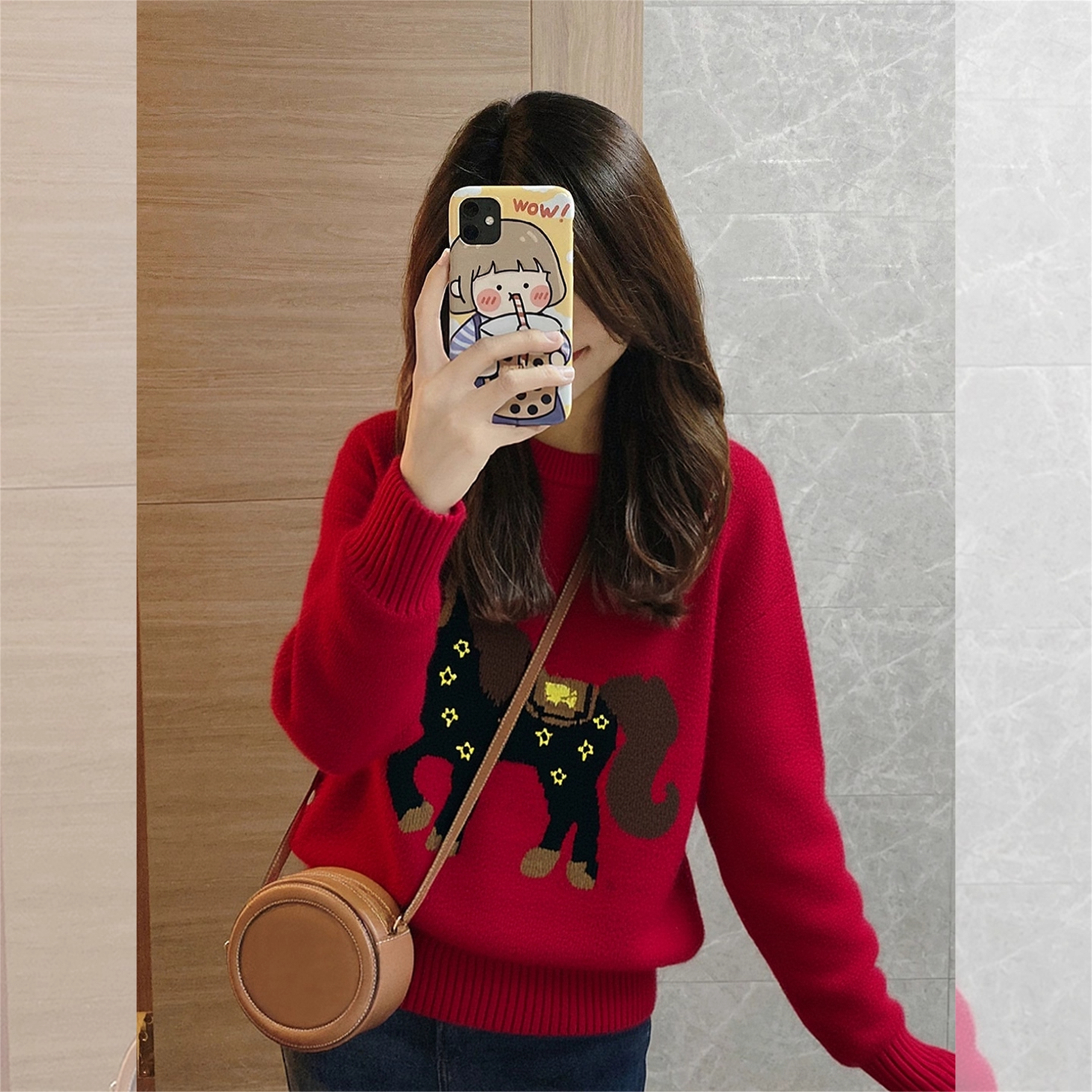 本命年马年提花红色圆领毛衣女秋冬大码胖MM宽松遮肚子针织打底衫