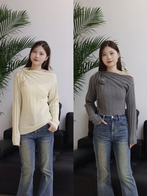DIANA VEVINA上衣｜同款多色羊毛斜肩绑带针织上衣999