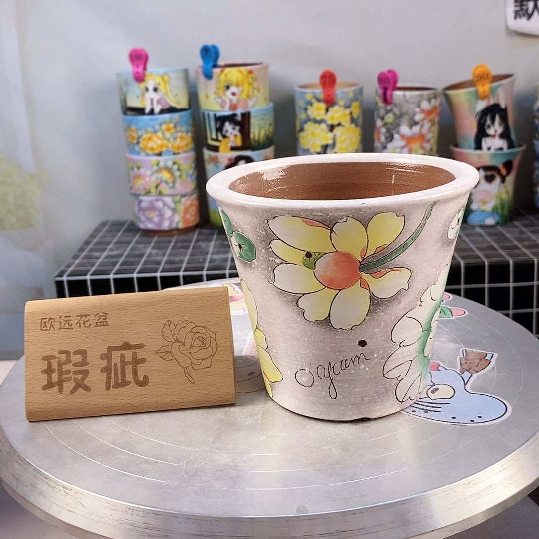 紫砂花盆红陶手绘花盆