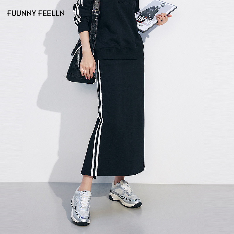 FF仿佛半裙2025秋季新款侧边条纹开叉显瘦包臀直筒休闲半身裙女