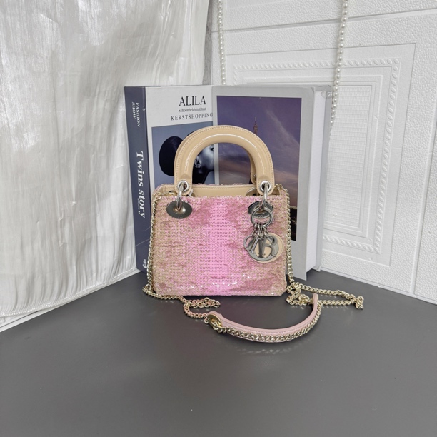 95新 DIOR/迪奥 粉色渐变亮片戴妃手提单肩包