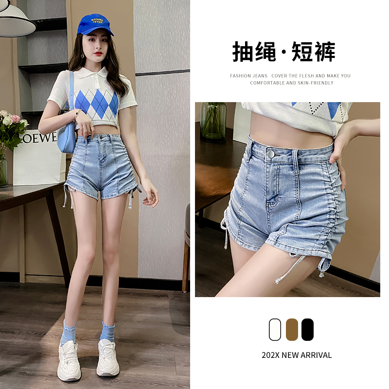 高腰牛仔短裤女夏季时尚显瘦侧褶皱绑带阔腿热裤韩版