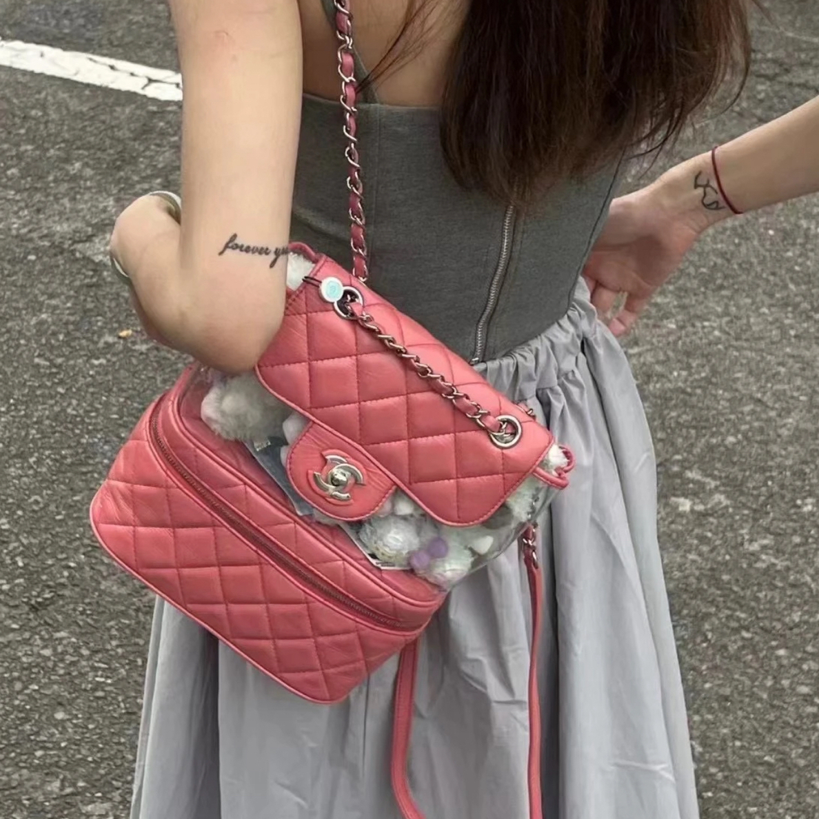 95新 Chanel/香奈儿 95新 pvc银扣粉色透明油蜡皮双肩包A1257