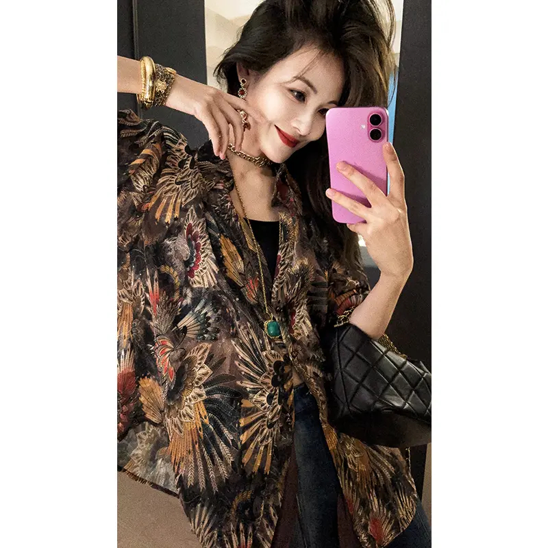 A美洋MEIYANG 异域雪纺衫 复古轻薄翻领排扣宽松休闲印花长袖衫E