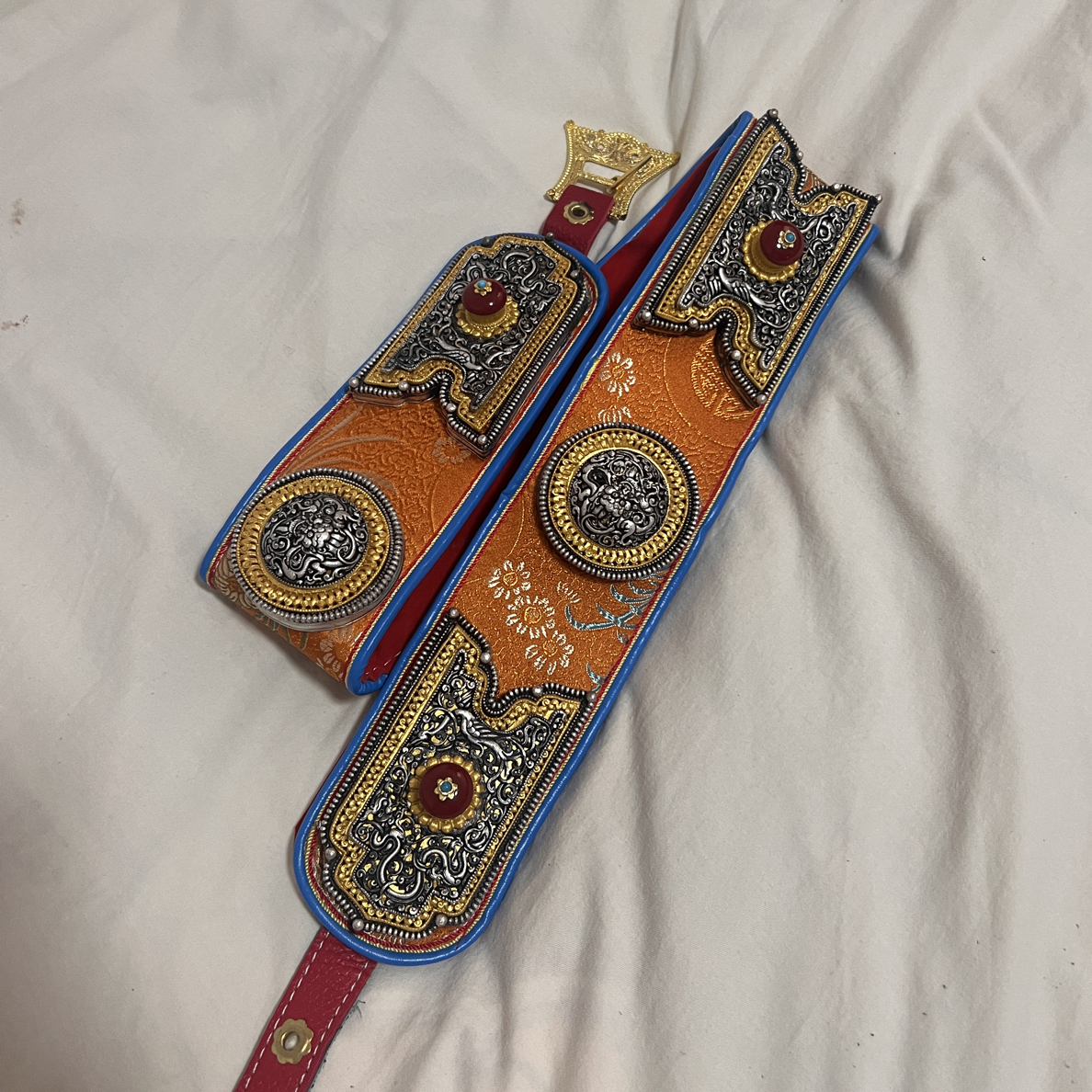 朵雅藏饰新款藏饰民族风白铜镀银腰带重工蓝色皮带藏饰纯手工款