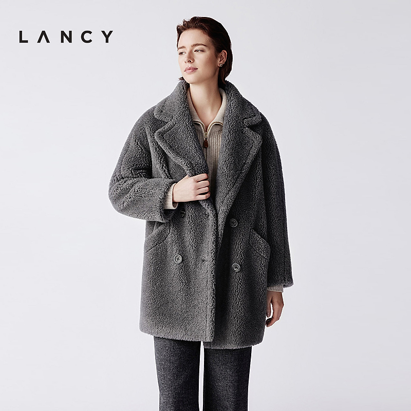 【宋佳同款】LANCY/朗姿25冬新款羊毛驼绒羊剪绒廓形毛呢短外套女