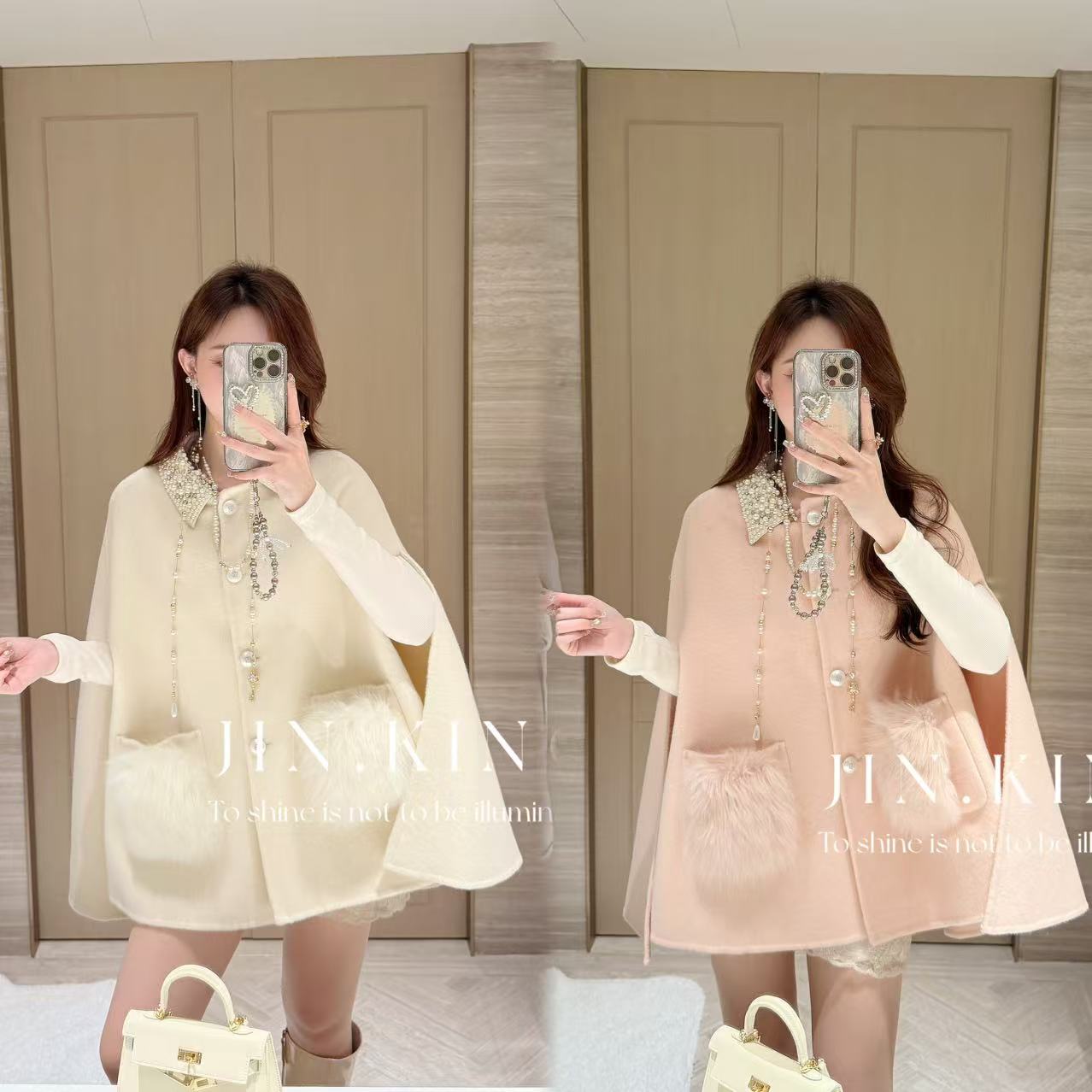 【JIN_KING】女装秋冬双面呢斗篷大衣高级感狐狸毛羊毛呢外套J0122