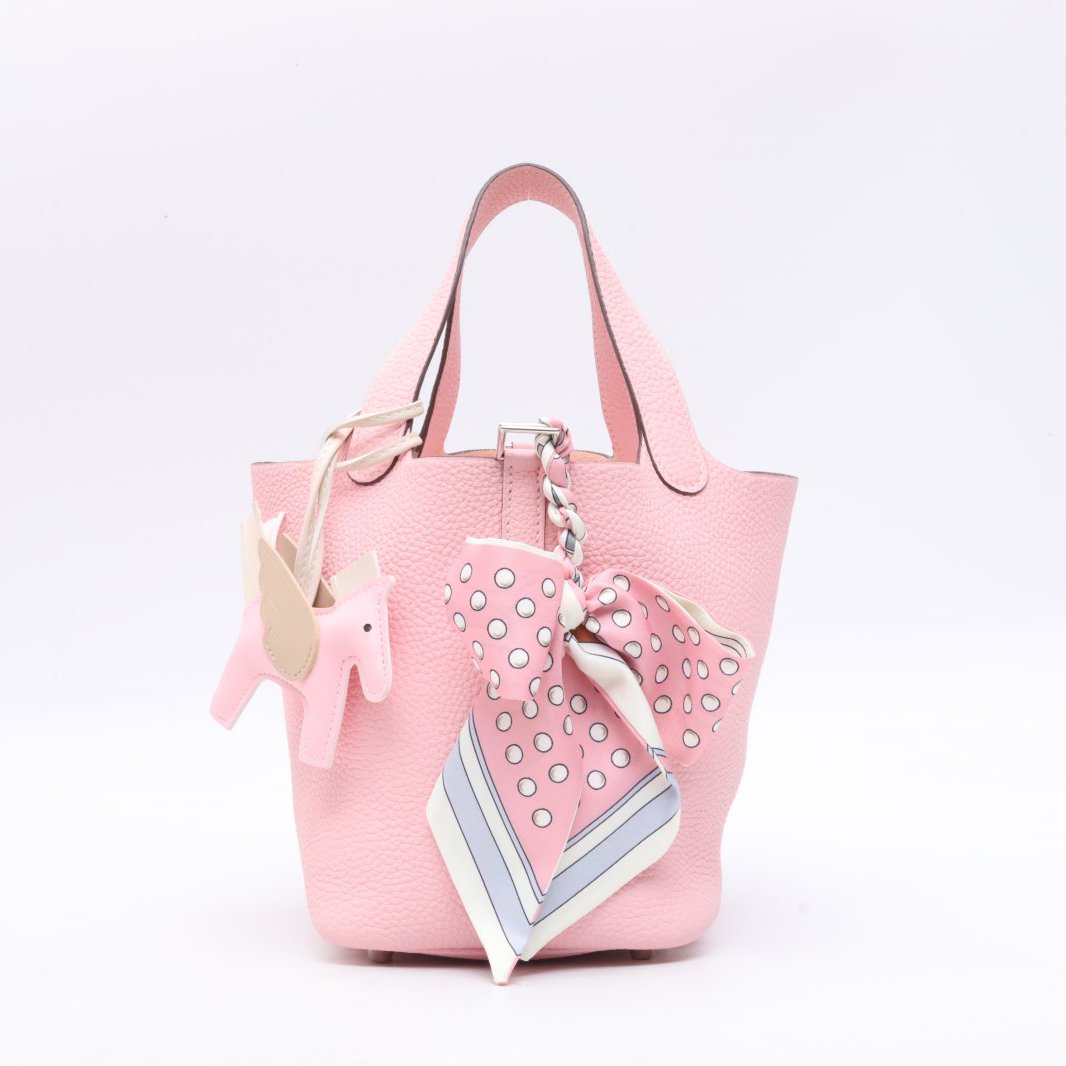 99新 Hermes/爱马仕 小花姑姑336929 Y刻 银扣 菜篮子18樱花粉