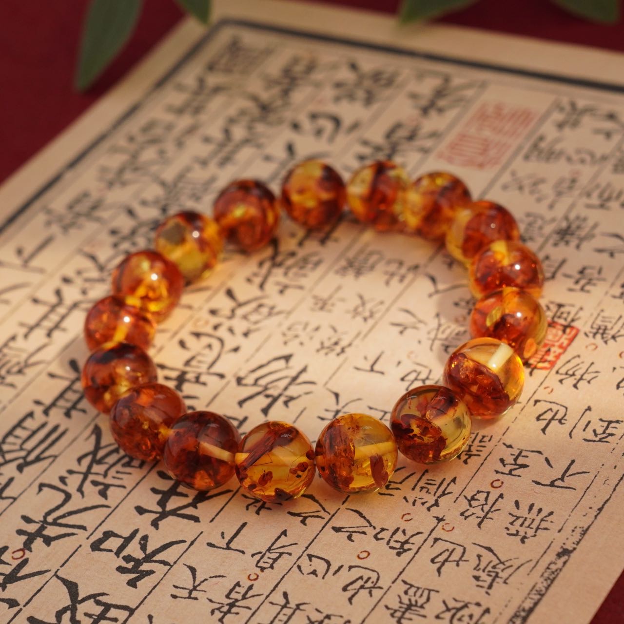 精品毕业级 天然花珀 圆珠手串11mm