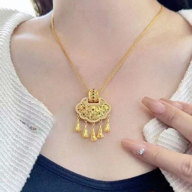 合金吊坠 合金吊坠 流苏点钻千金锁平安锁吊坠金花丝同心莲吊坠