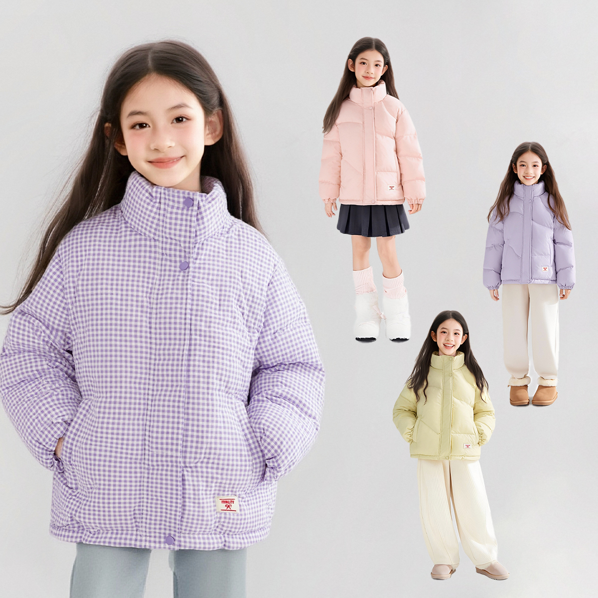 笛莎童装女童羽绒服儿童冬季短款立领加厚外套格子洋气-7M2556401