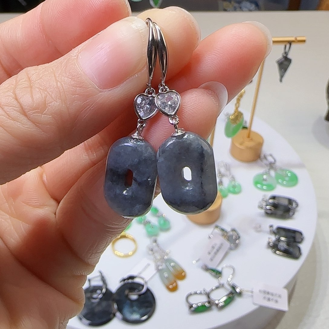 翡翠耳饰银S925镶嵌天然缅甸a货翡翠