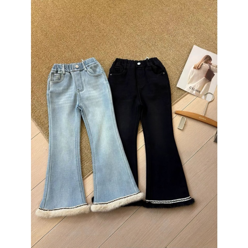 女童加绒牛仔裤冬装2025新款洋气女孩百搭长裤儿童高腰修身喇叭裤