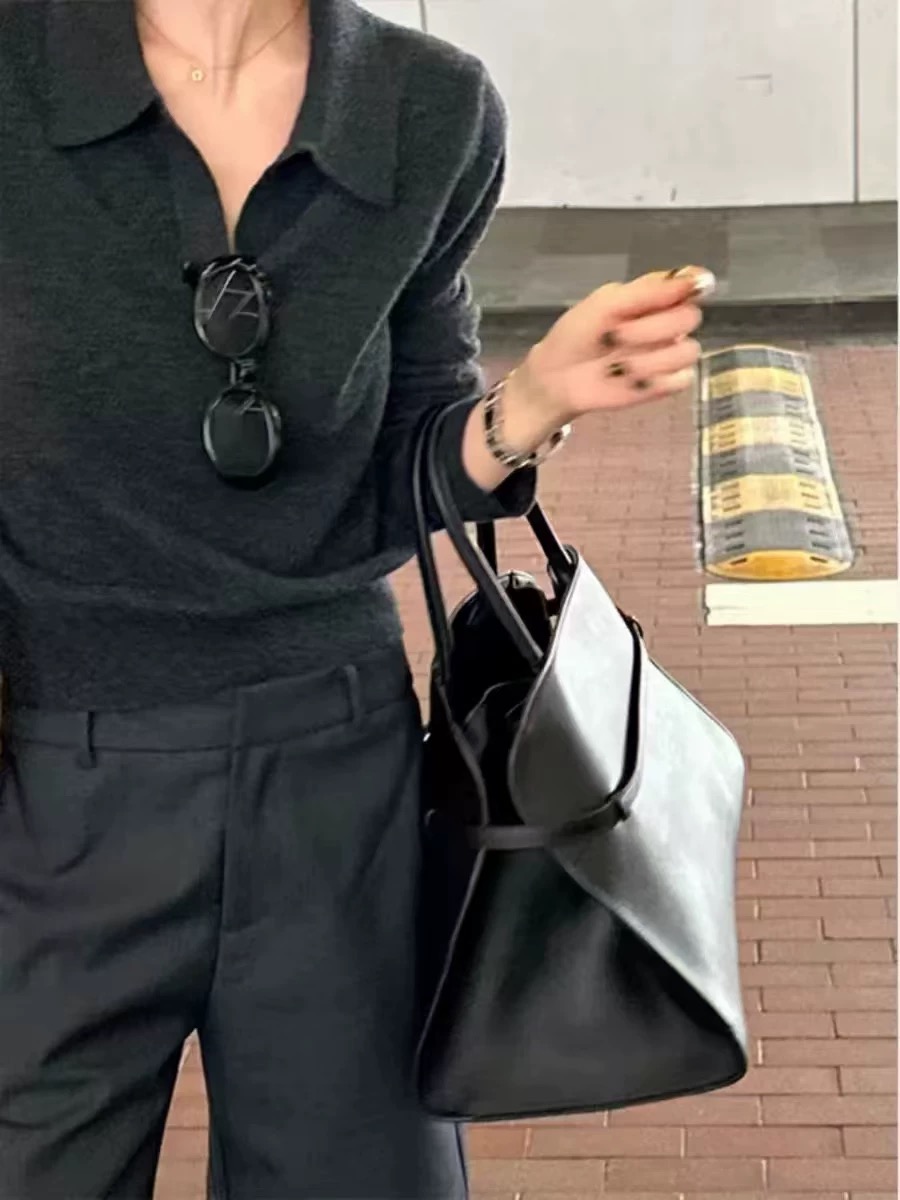 老钱风秋季宽松polo翻领针织衫冬季羊毛短款休闲显瘦内搭长袖毛衣