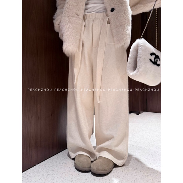 PEACHZHOU 羊毛'欧尼奶白裤'贴袋腰带休闲裤宽松慵懒松紧腰直筒裤
