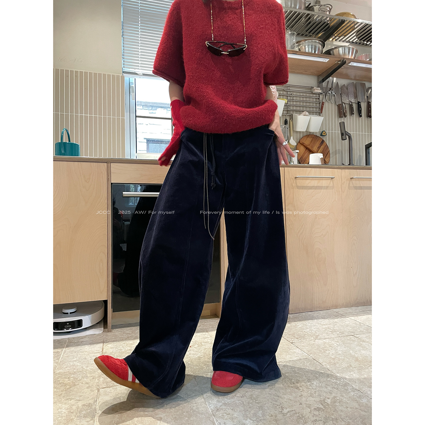 JCCC影子【深海漫绒】藏青色复古灯芯绒竖坑条肌理感弯刀宽松休闲裤