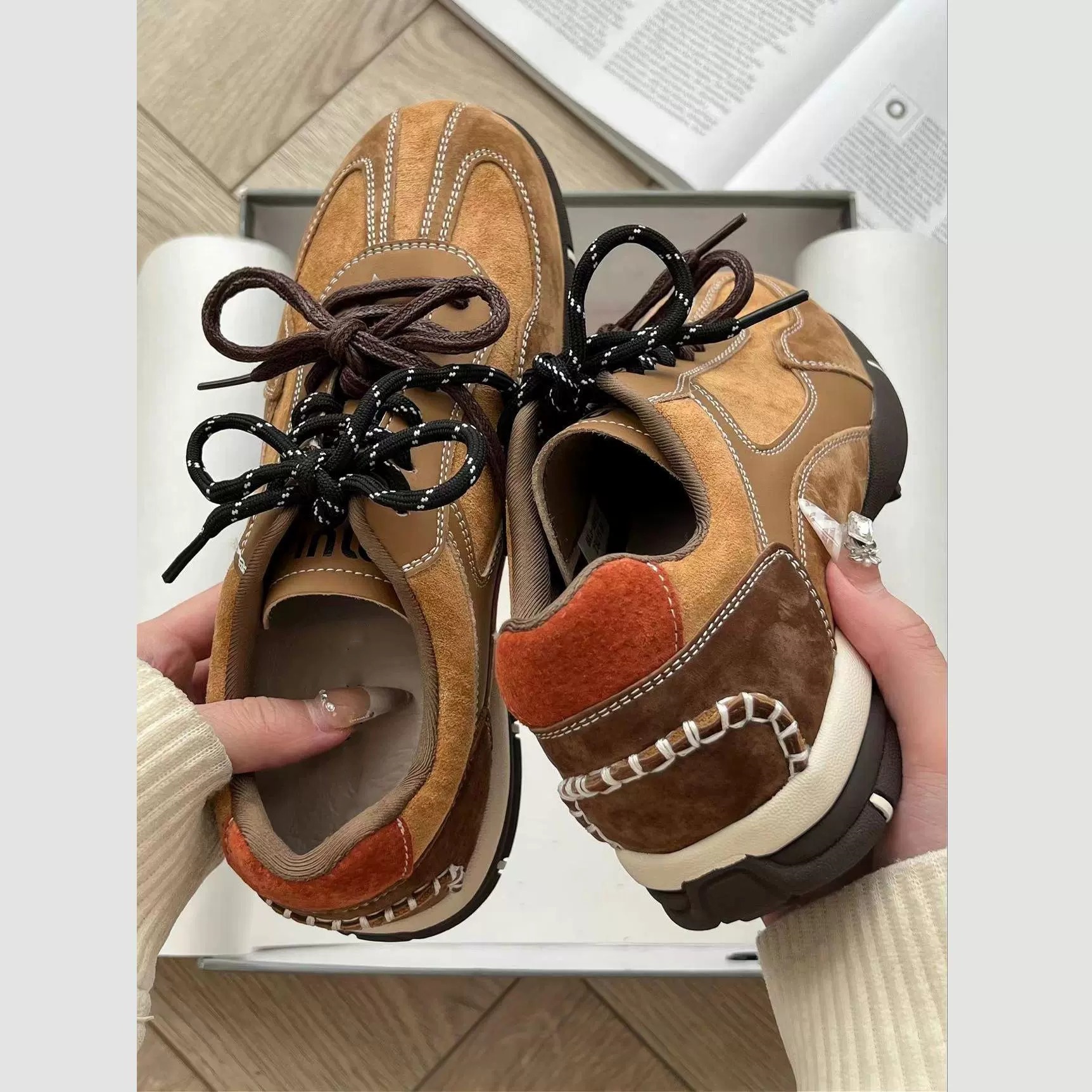 牛皮版~厚底德训鞋女2024秋季款百搭运动休闲板鞋棕色复古阿甘鞋