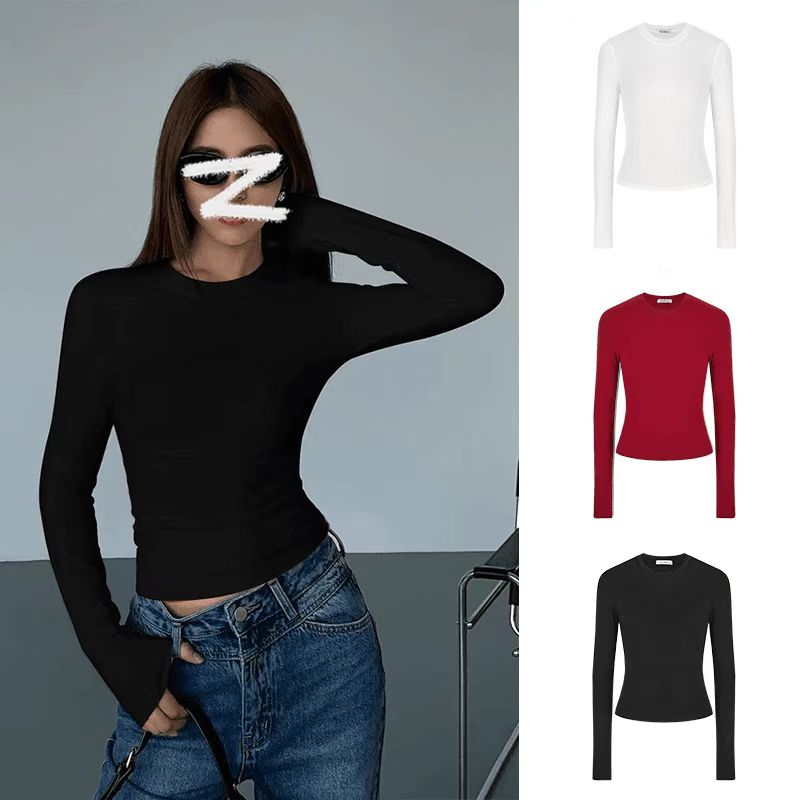 纯欲高级感2024早秋薄款长袖T恤女修身圆领纯色打底衫T恤