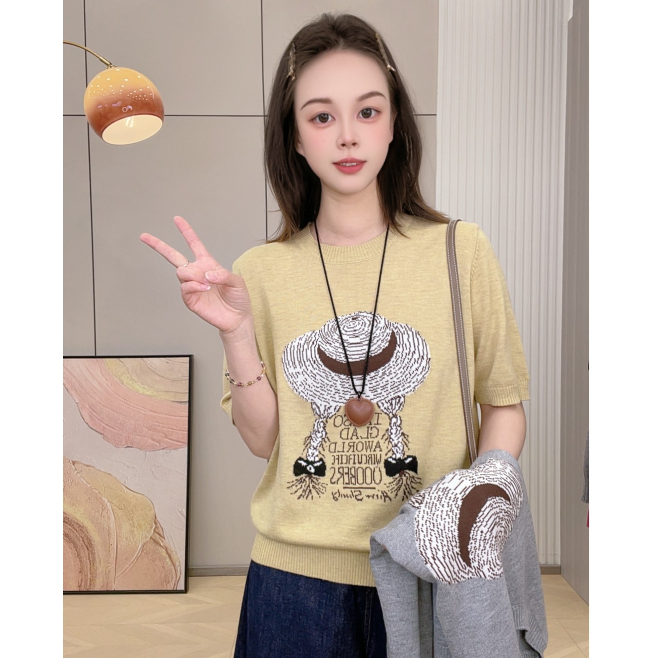 小草帽提花针织短袖2025春夏新款女减龄显瘦薄款T恤上衣