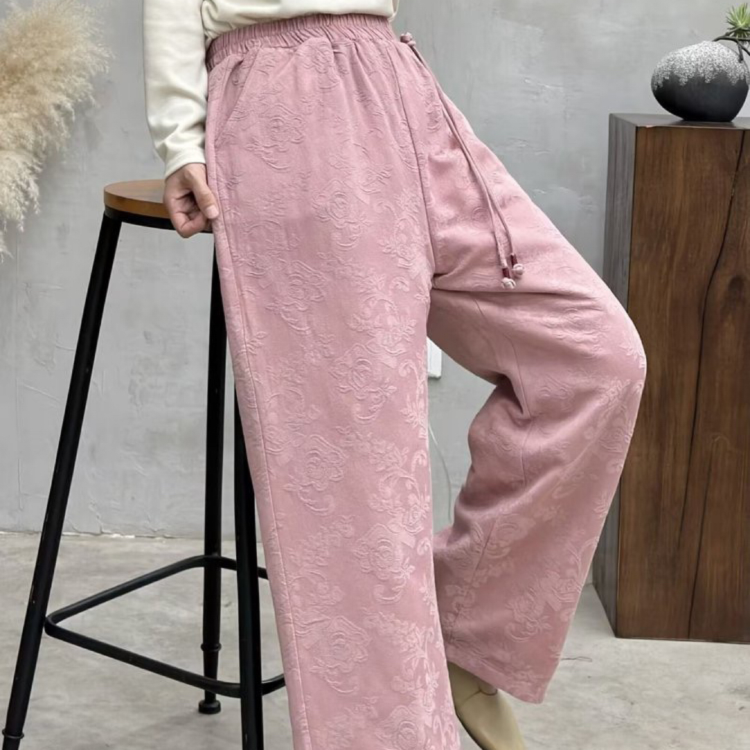 冬季纯色棉麻提花高腰阔腿纯色加厚松紧腰带口袋百搭流苏棉裤女