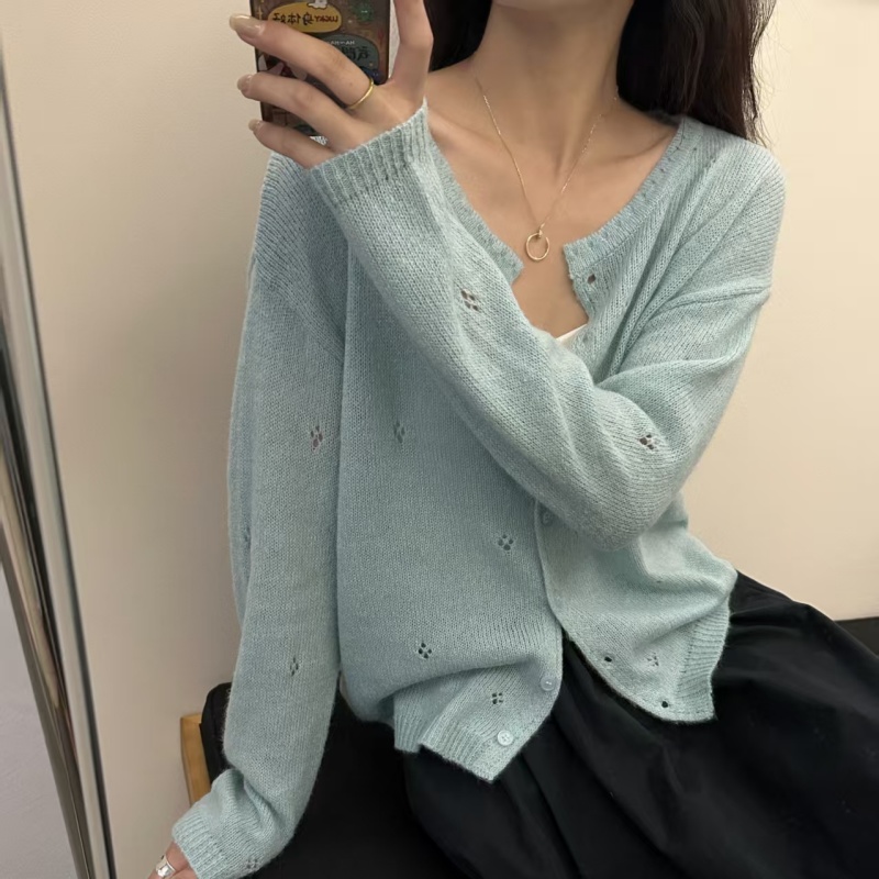 春季针织薄款圆领毛针织衫长袖短款百搭显瘦镂空韩版秋季设计感