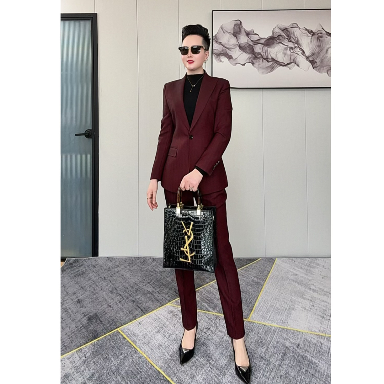 【白衣哥】秋冬新款安哥拉红树条纹高级感修身气质时尚职业西装套装