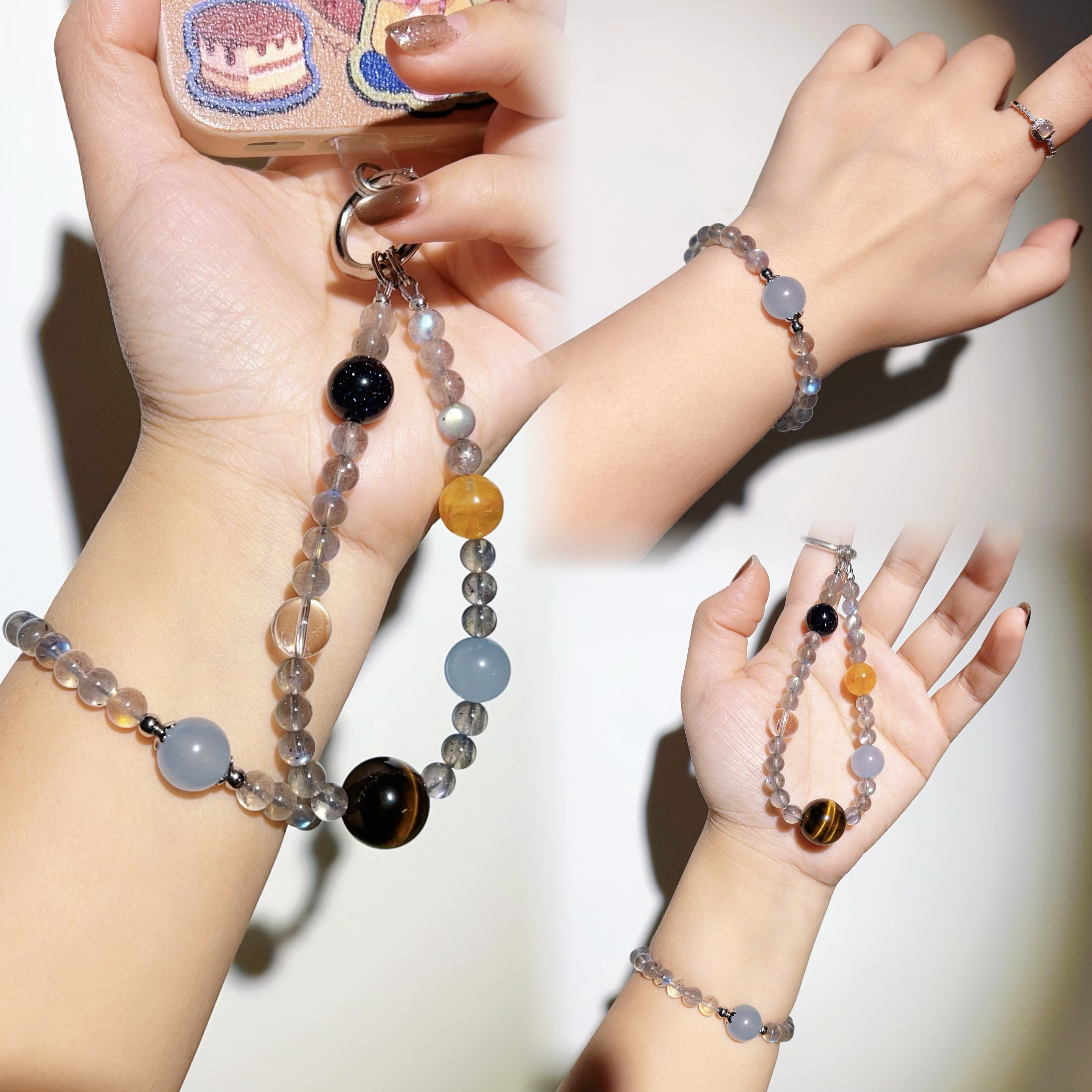 灰月光手串手机链套装月光石水晶串珠手机链钥匙扣包包挂件手工