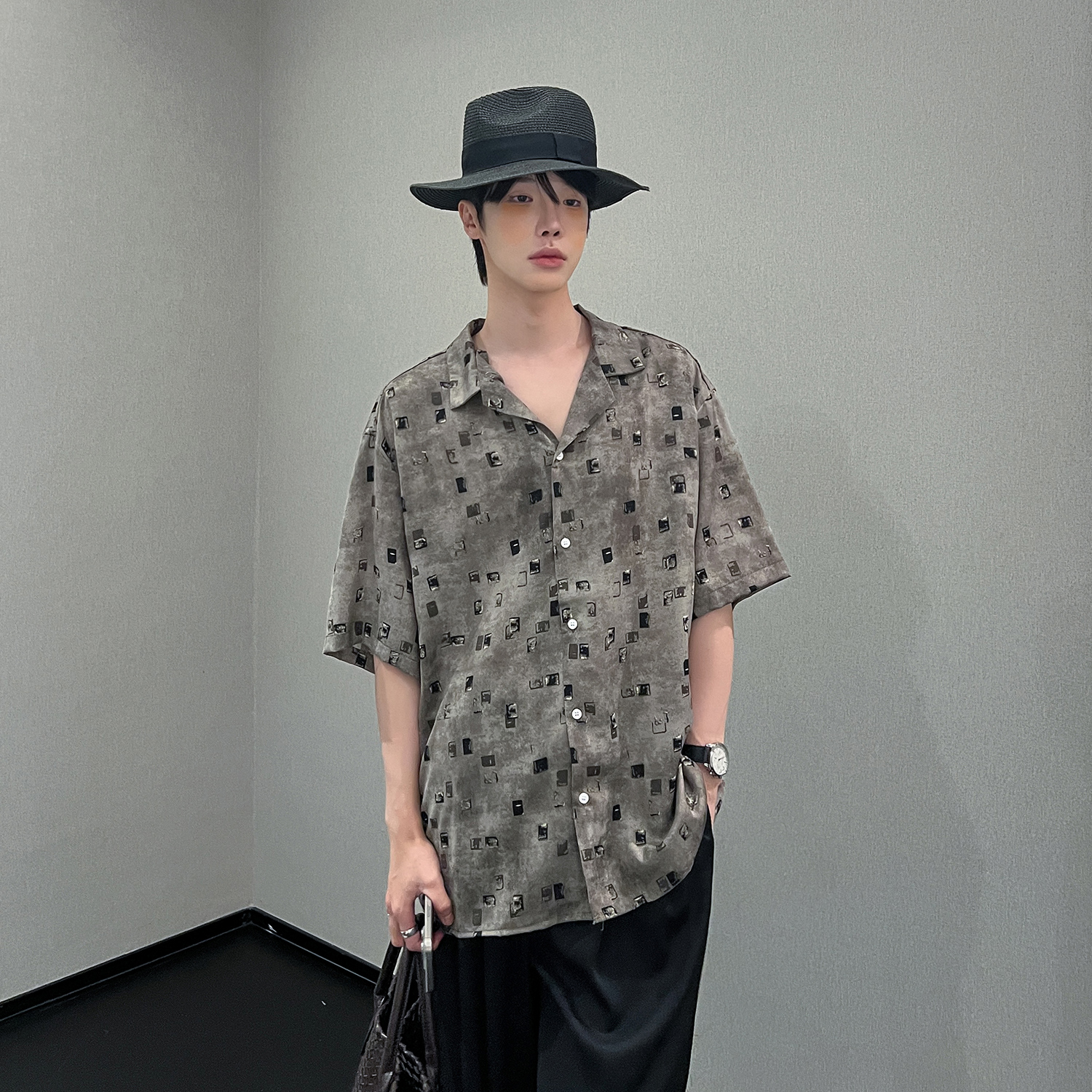高林凡 韩版五分袖男夏季花衬衫男夏威夷短袖潮流宽松休闲衬衣