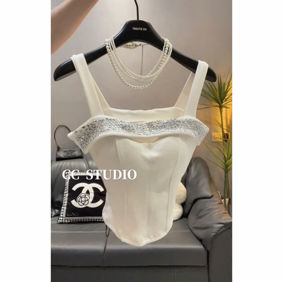 重工镶钻短款吊带背心女春秋高级感修身打底内搭气质白色绝美上衣
