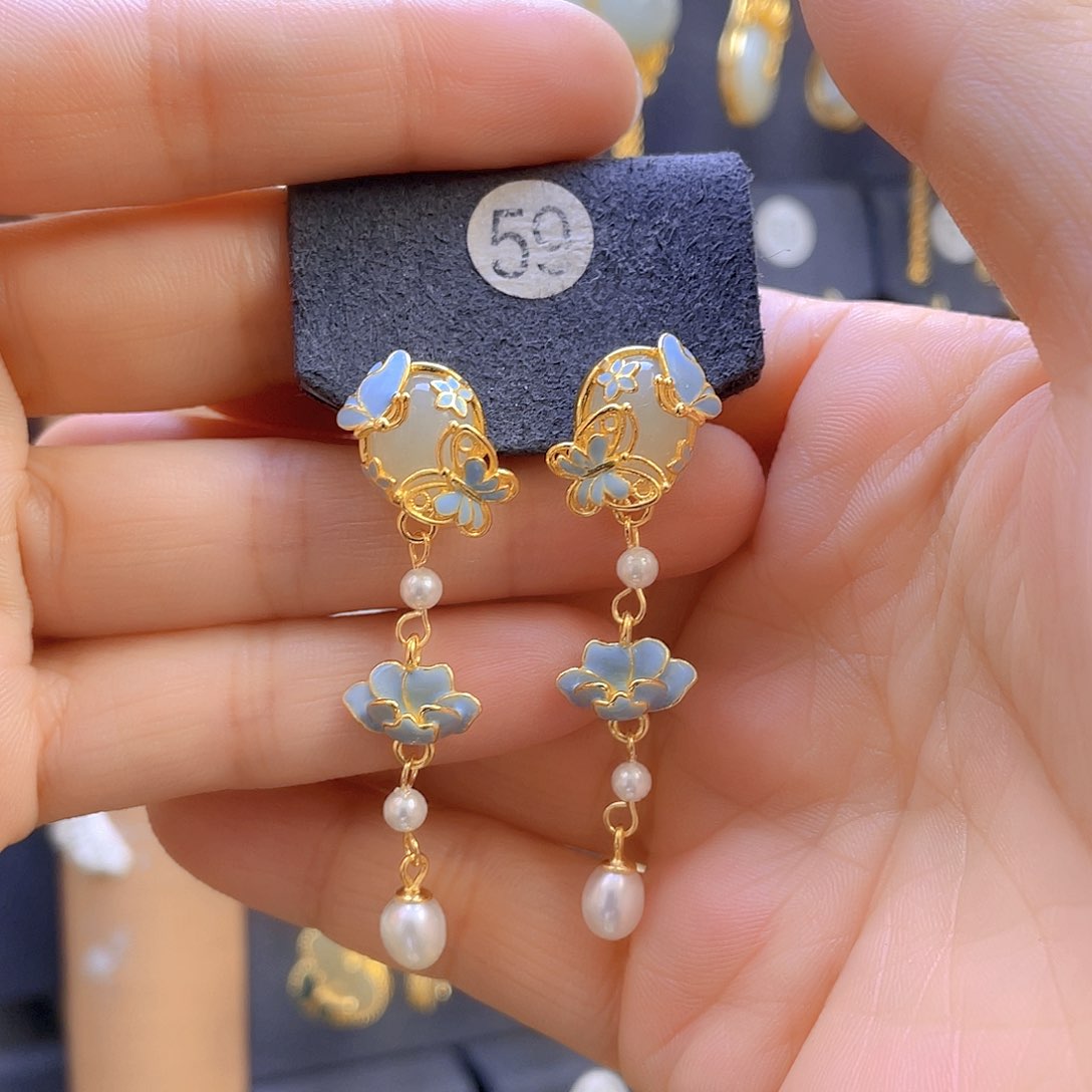 和田玉耳饰银S925镀金镶嵌