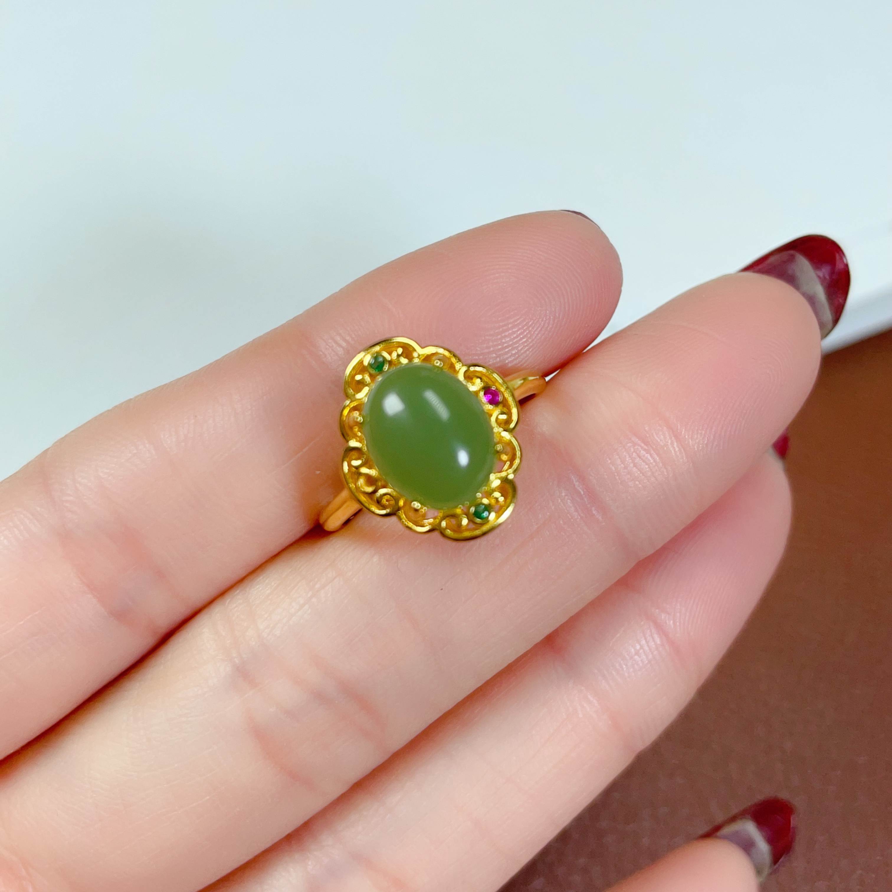 天然和田玉碧玉粉绿戒指银镶玉女戒气质轻奢时尚