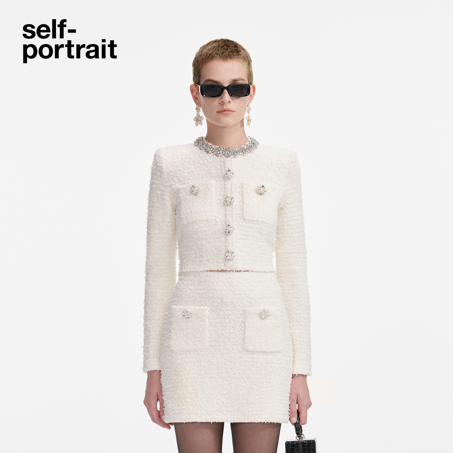 self-portrait 2025秋冬新款象牙白时尚小香风钻饰针织短外套上衣