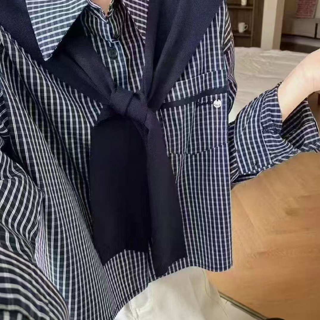 早秋新款潮流气质带披肩口袋标志格子衬衫